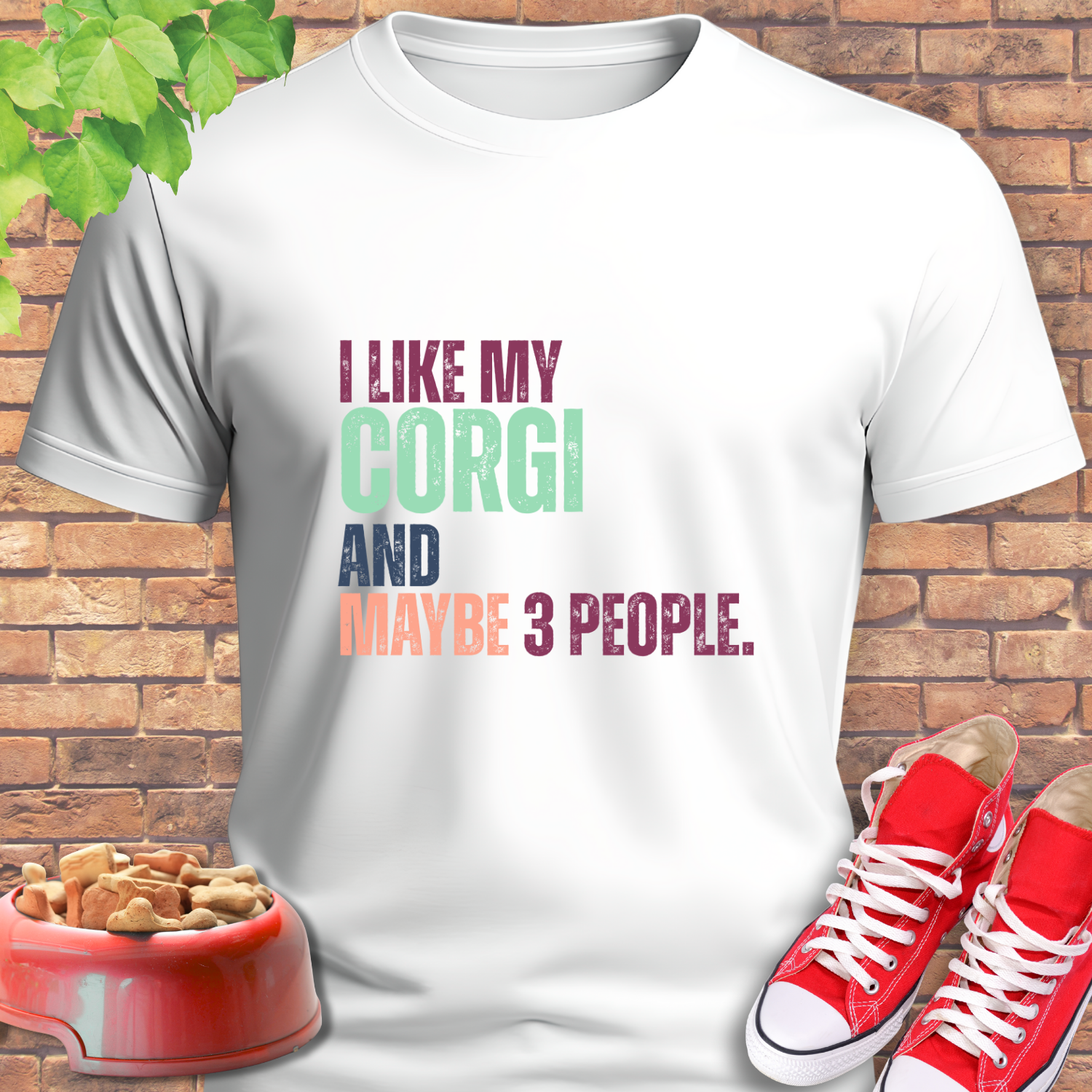 White corgi tshirt with colorful text, red sneakers, and a dog bowl on a brick background