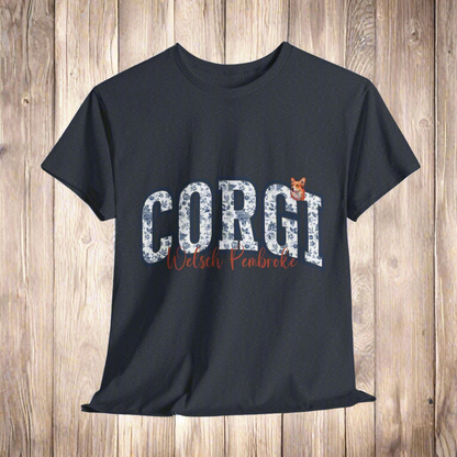 Corgi tshirt with text, Corgi Welsh Pembroke with small dog portrait in Dark Heather 