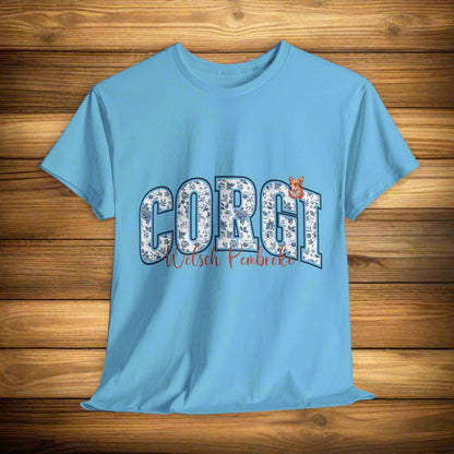 Corgi tshirt with text, Corgi Welsh Pembroke with small dog portrait in light blue