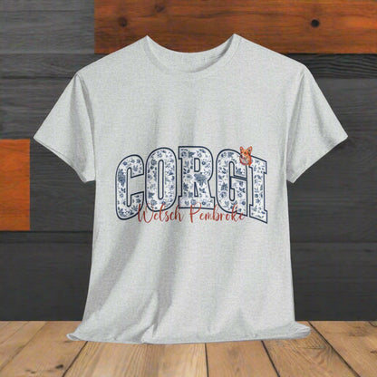Corgi tshirt with text, Corgi Welsh Pembroke with small dog portrait in ash