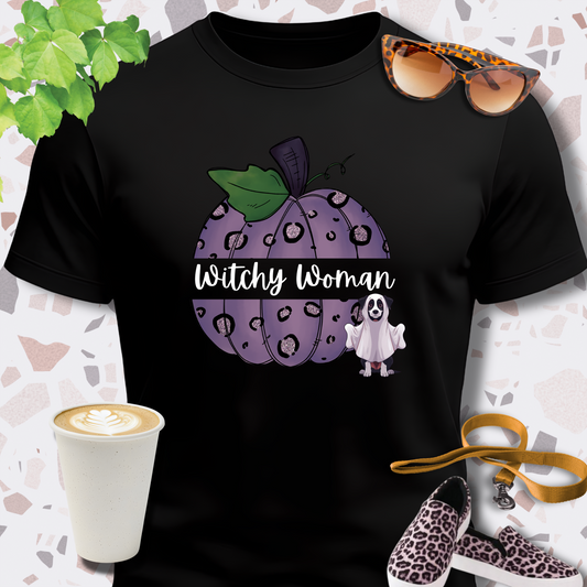 Cute Halloween Shirt for Women with purple pumpkin design and 'Witchy Woman' text in black
