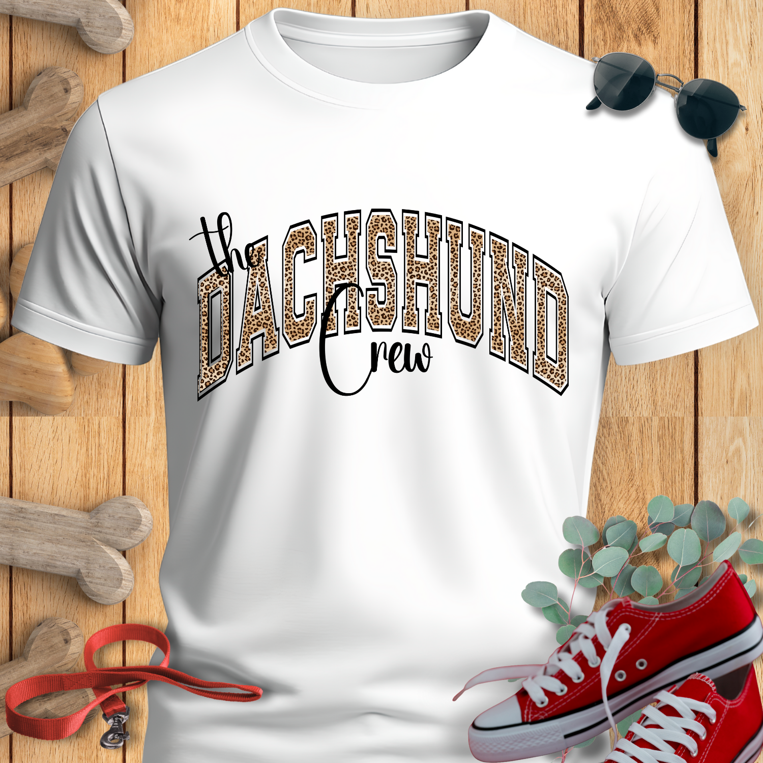 DACHSHUND SHIRT in Leopard Varsity Lettering in white