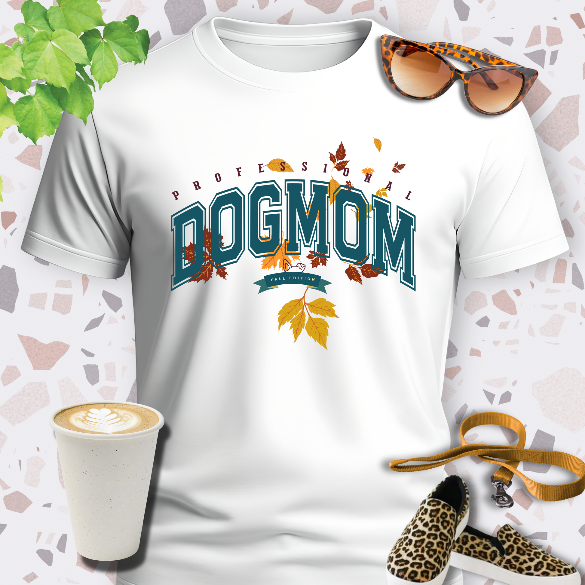 DOGMOM SHIRT Fall Edition with falling leaves in white