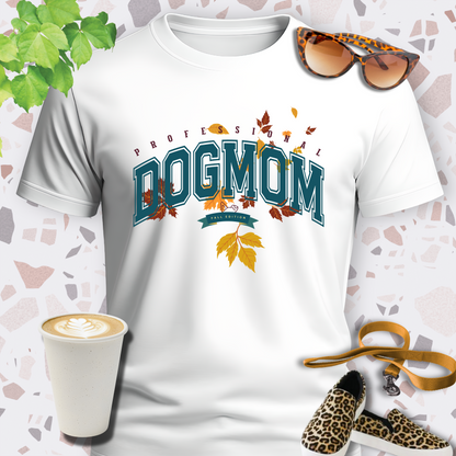 DOGMOM SHIRT Fall Edition with falling leaves in white