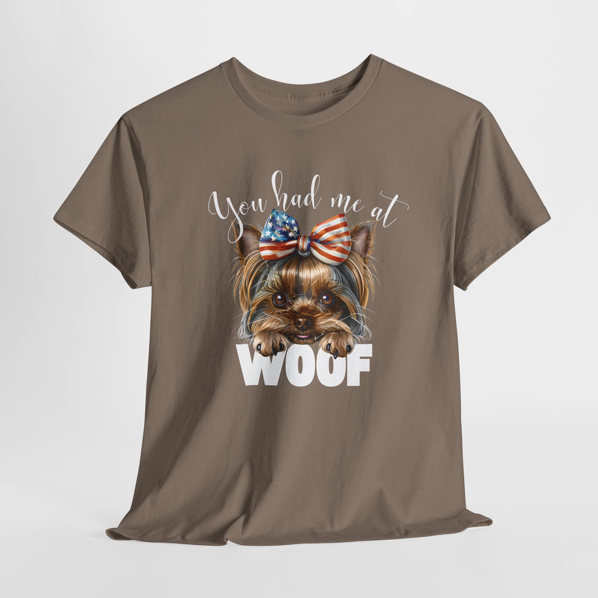 DOG SHIRTS FOR WOMEN Yorkie Woof in brown savana