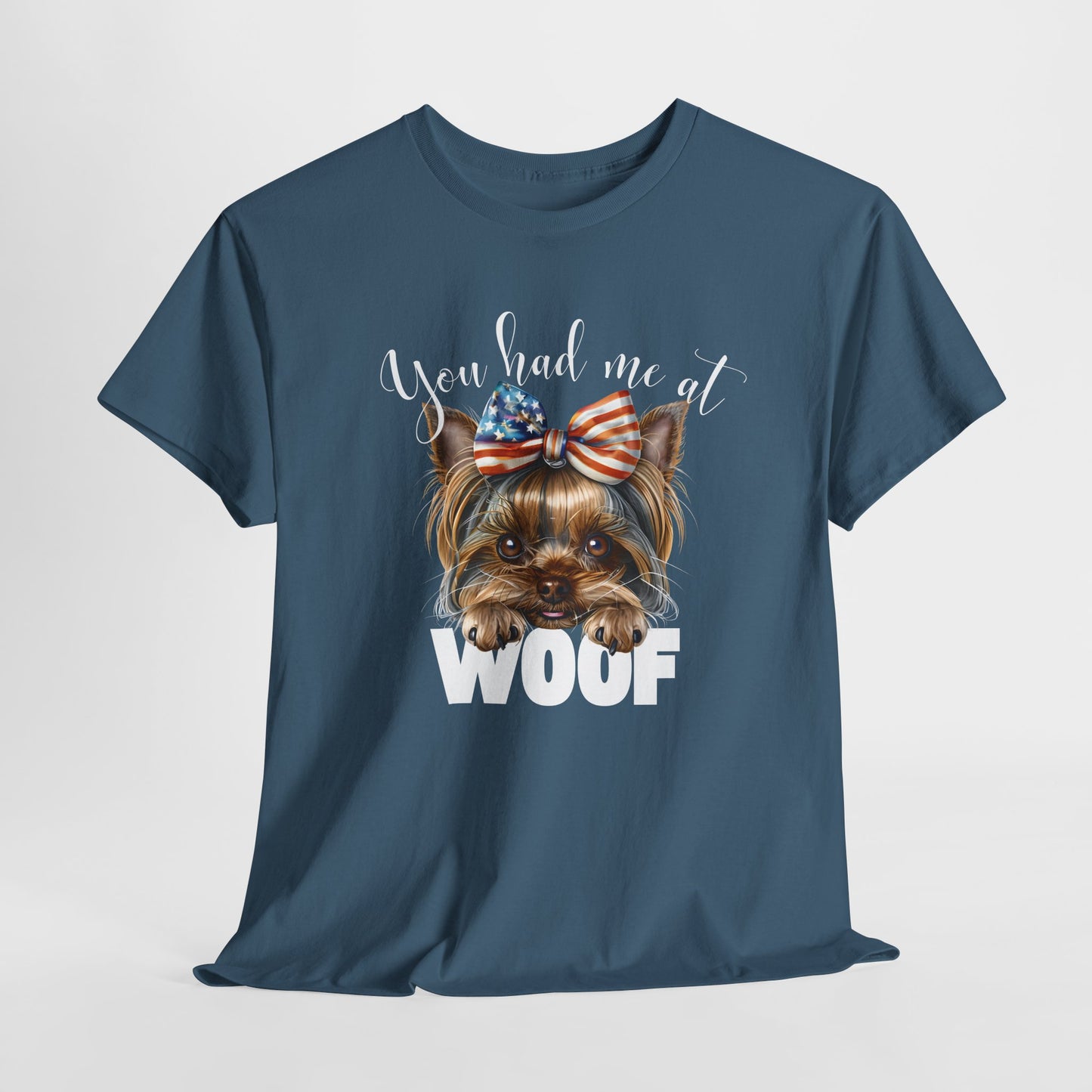 DOG SHIRTS FOR WOMEN Yorkie Woof in indigo blue