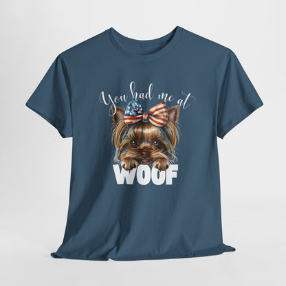 DOG SHIRTS FOR WOMEN Yorkie Woof in indigo blue