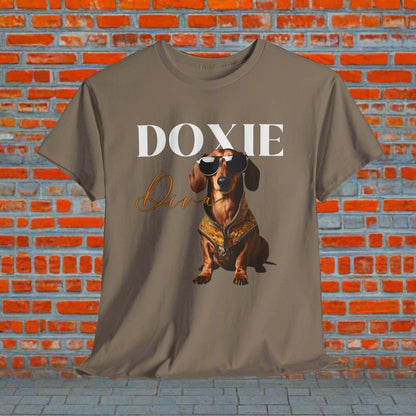 DOXIE SHIRT with Biker Dachshund in brown savana