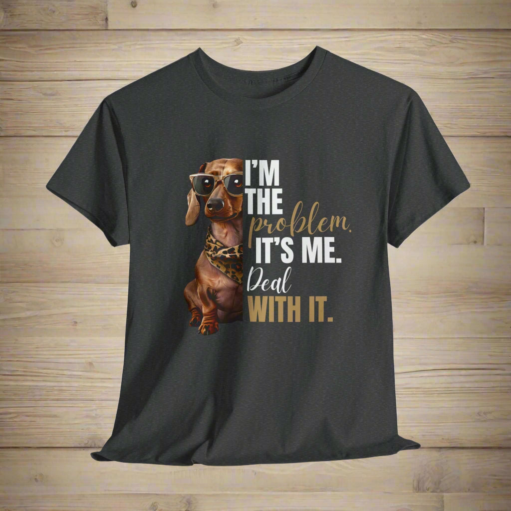 Dachshund Shirt "I'm The Problem" in Dark Heather with a dachshund graphic and text on a white background