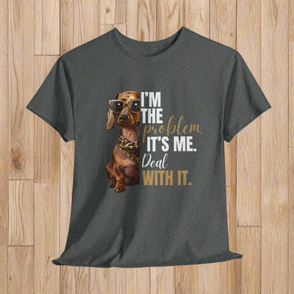 Dachshund Shirt "I'm The Problem" in Graphite Heather with a dachshund graphic and text on a white background