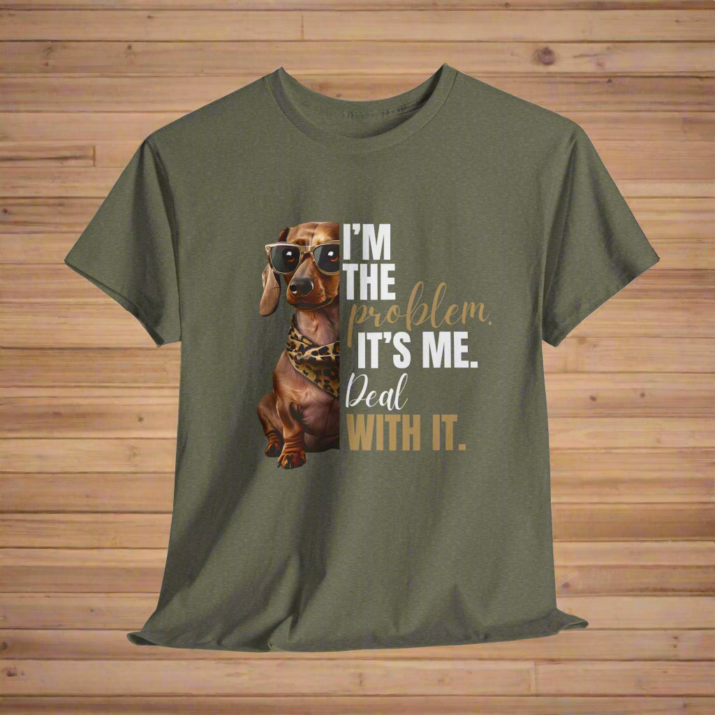 Dachshund Shirt "I'm The Problem" in Grawith a dachshund graphic and text on a white background