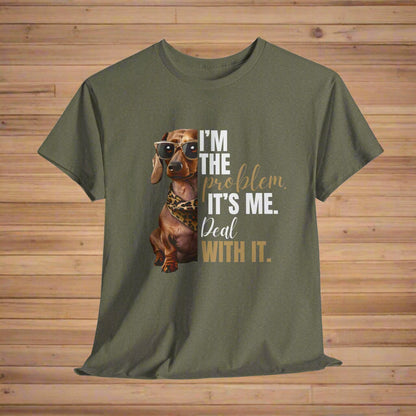 Dachshund Shirt "I'm The Problem" in Grawith a dachshund graphic and text on a white background