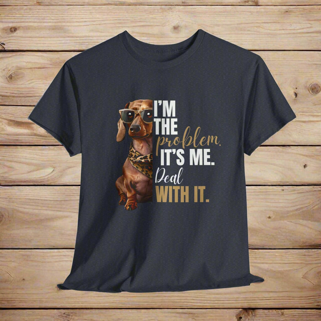 Dachshund Shirt "I'm The Problem" in Heather Navy with a dachshund graphic and text on wood background