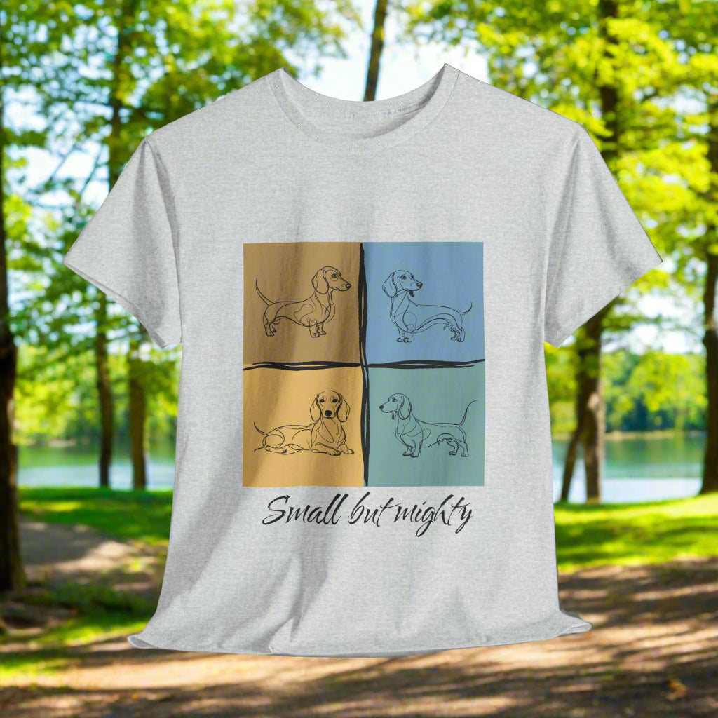 Dachshund shirt Small But Mighty in  Ash with dog illustrations and 'Small but mighty' text