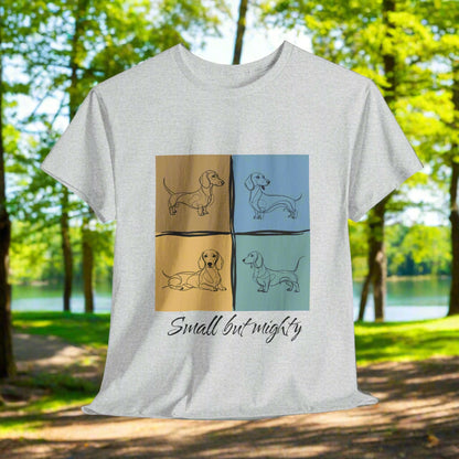 Dachshund shirt Small But Mighty in  Ash with dog illustrations and 'Small but mighty' text