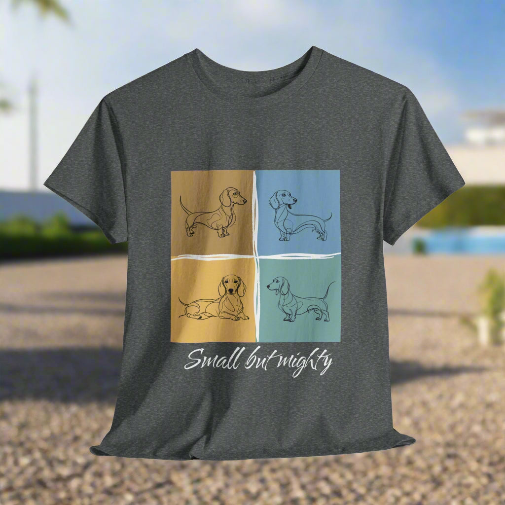 Dachshund shirt Small But Mighty in Graphite Heather with dachshund illustrations and 'Small but mighty' text on a white background