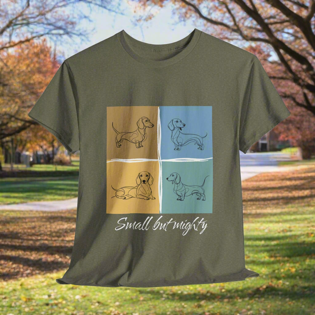 Heather Military green t-shirt with dog illustrations and 'Small but mighty' text 