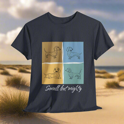 Heaterh Navy t-shirt with dachshund illustrations and 'Small but mighty' text on a light gray background