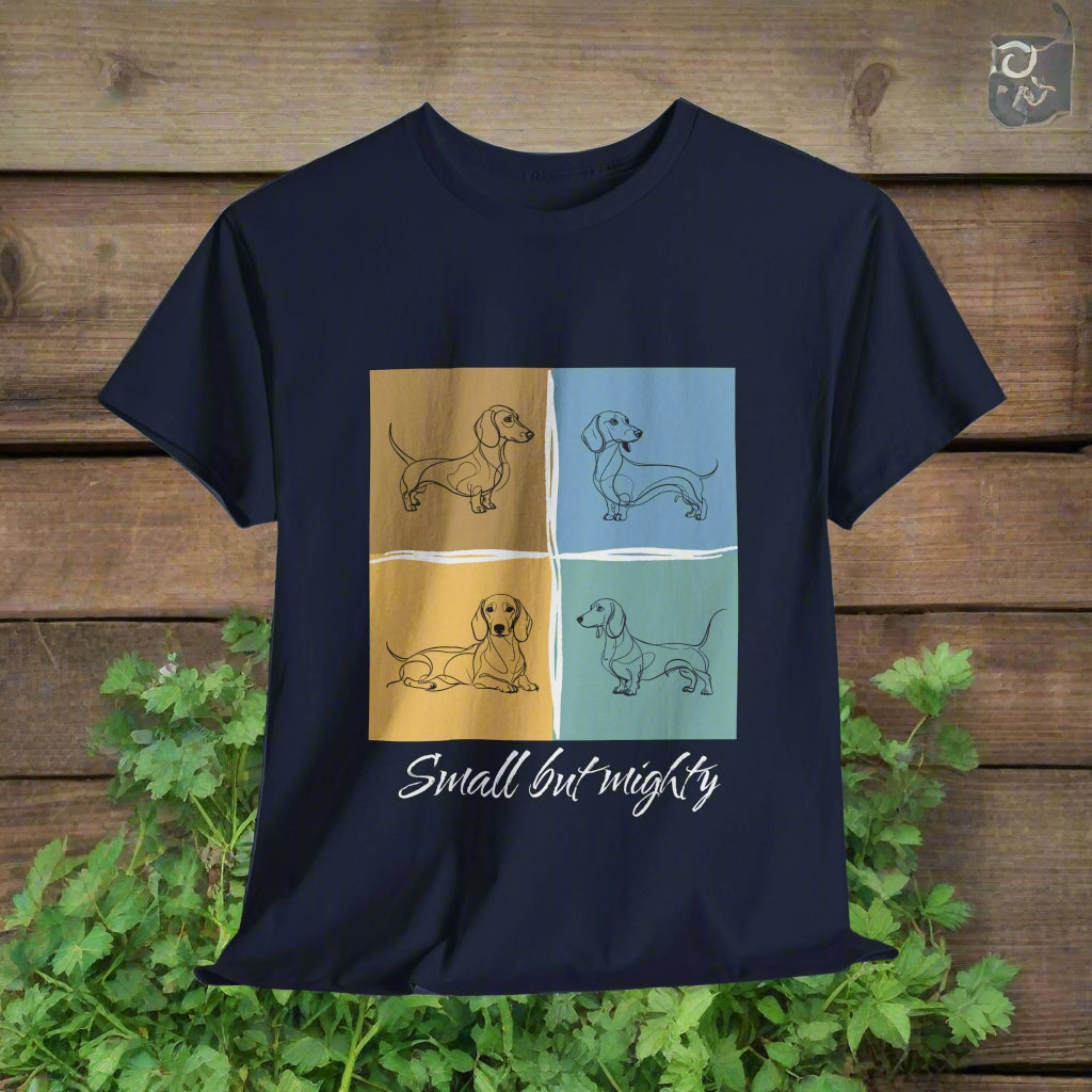 Dachshund shirt Small But Mighty in Navy with dachshund illustrations and 'Small but mighty' text