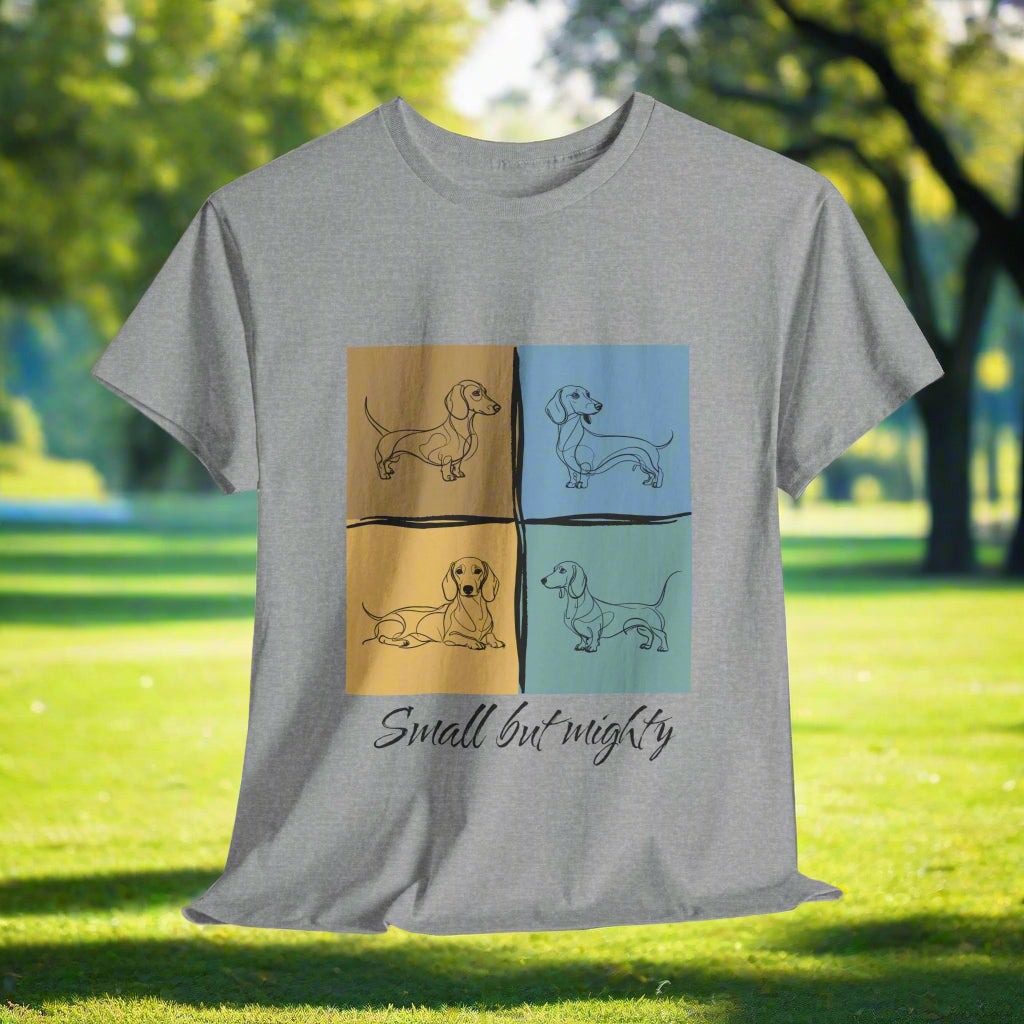 Dachshund shirt Small But Mighty in Sports Gray with dachshund illustrations and 'Small but mighty' text