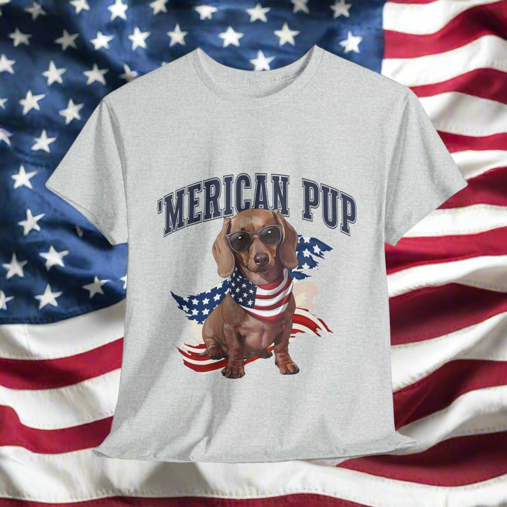 Dachshund shirt with 'Merican Pup in Ash featuring a dachshund and American flag on a white background