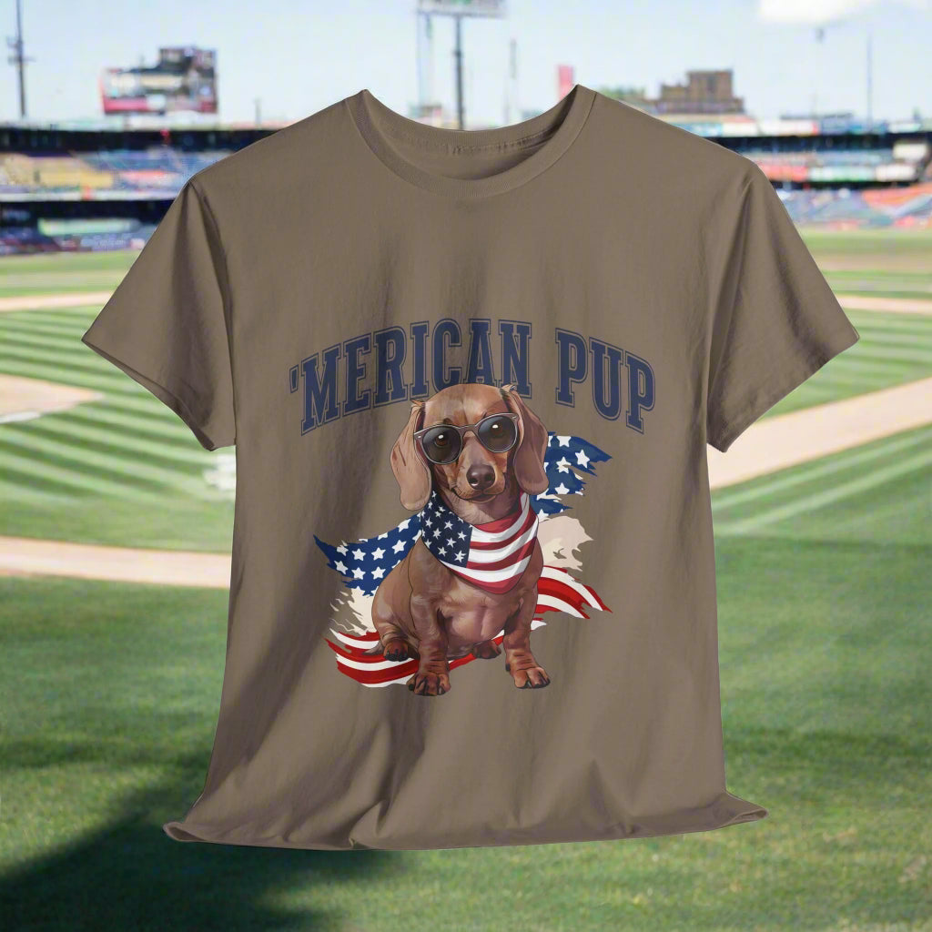 Dachshund shirt with 'Merican Pup in Brown Savana  with a dachshund graphic and 'Merican Pup' text