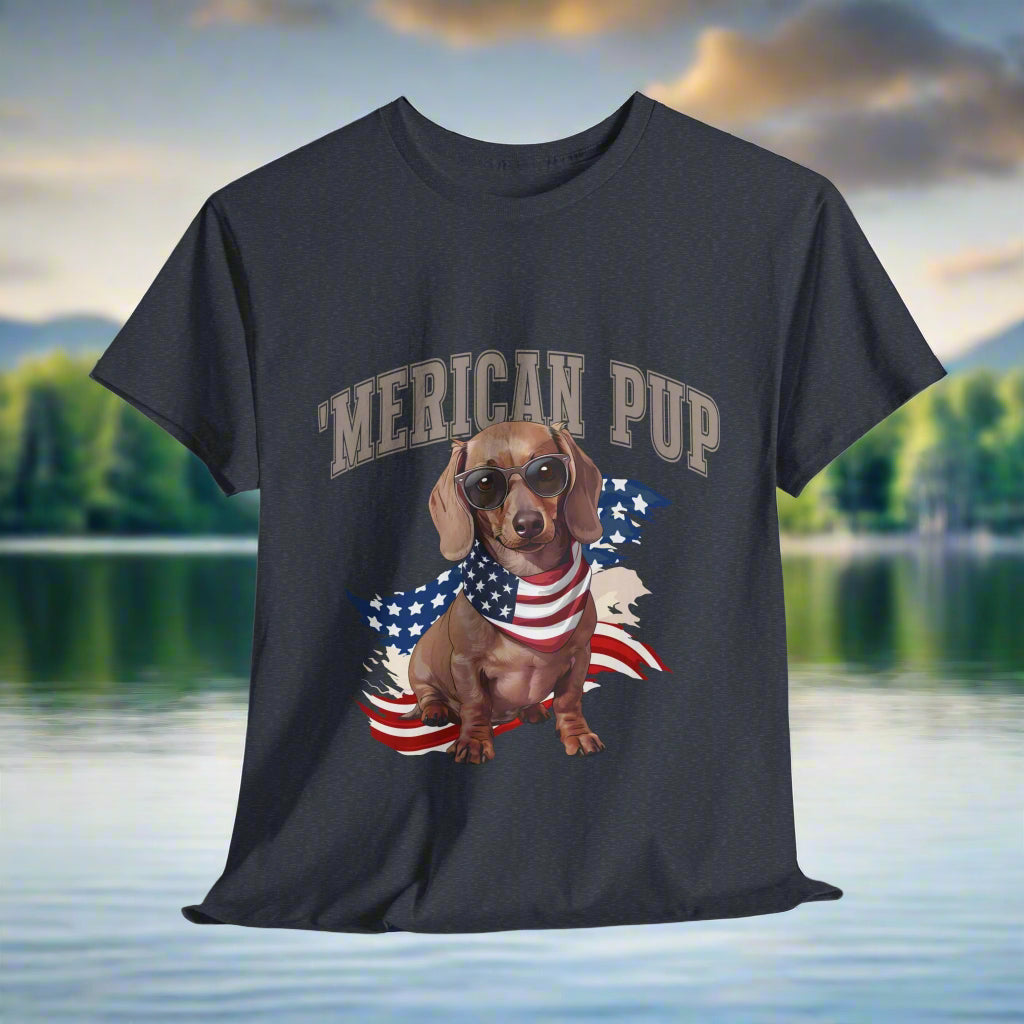 Dachshund shirt with 'Merican Pup in Heather Navy featuring a dog wearing sunglasses and an American flag scarf 