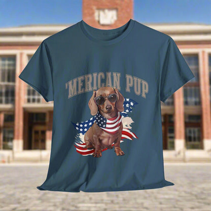 Dachshund shirt with 'Merican Pup in Indigo Blue wearing sunglasses and an American flag, text 'MERICAN PUP'