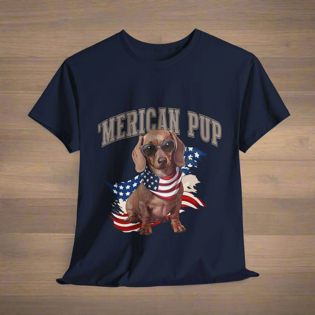 Dachshund shirt with 'Merican Pup in Navy featuring a dog wearing sunglasses and an American flag bandana 