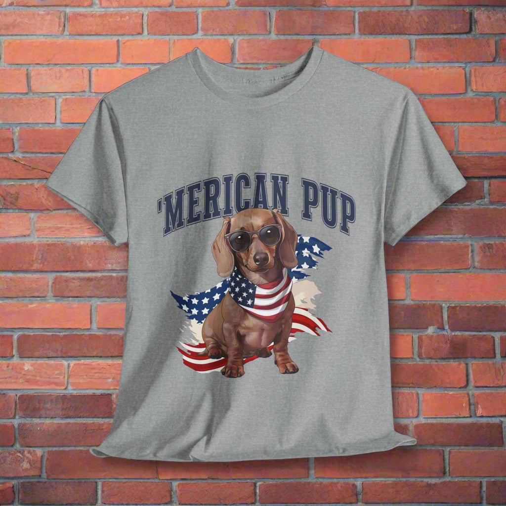 Dachshund shirt with 'Merican Pup in sports gray with 'Merican Pup' text 