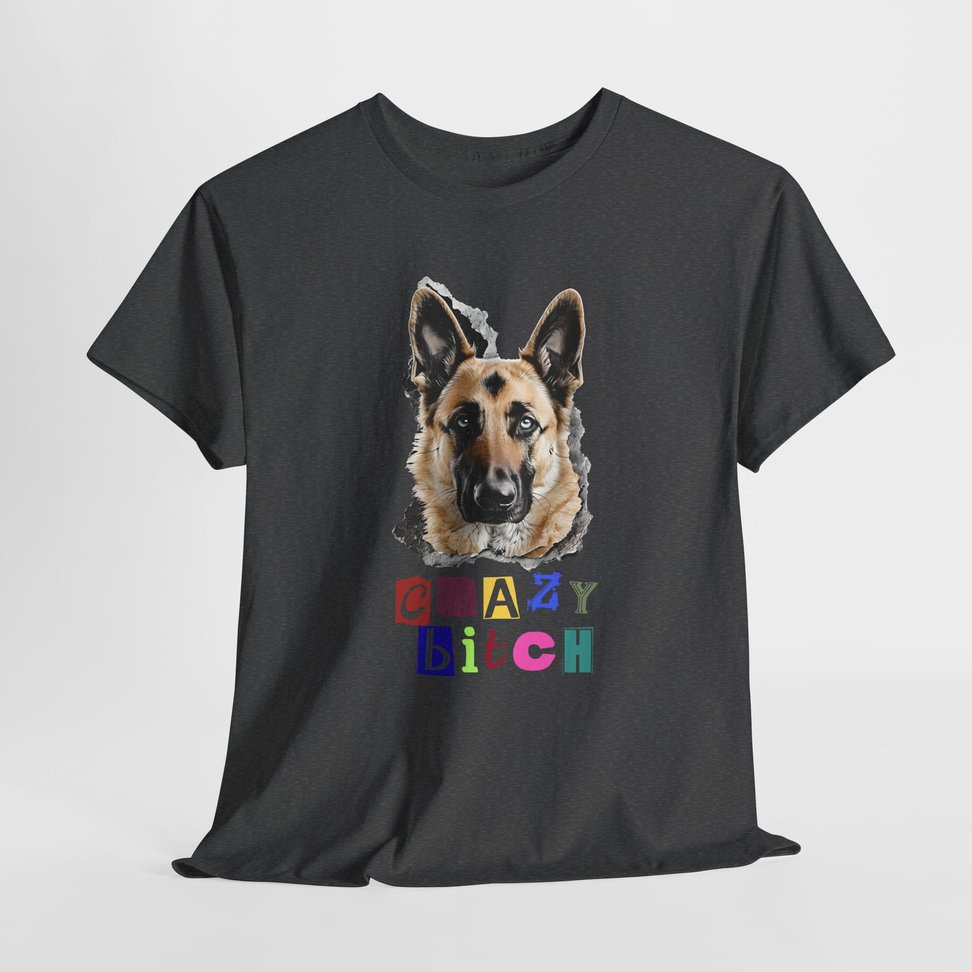 Dark Gray t-shirt with a dog graphic and colorful text on a light gray background