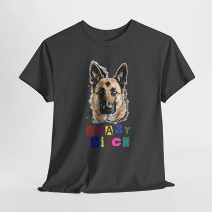 Dark Gray t-shirt with a dog graphic and colorful text on a light gray background