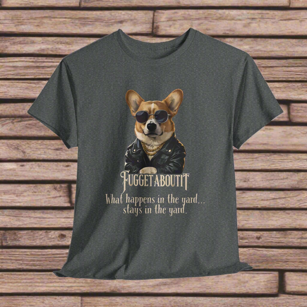 Dark Heather t-shirt with a dog graphic and text on a light gray background