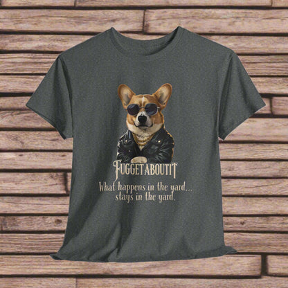 Dark Heather t-shirt with a dog graphic and text on a light gray background