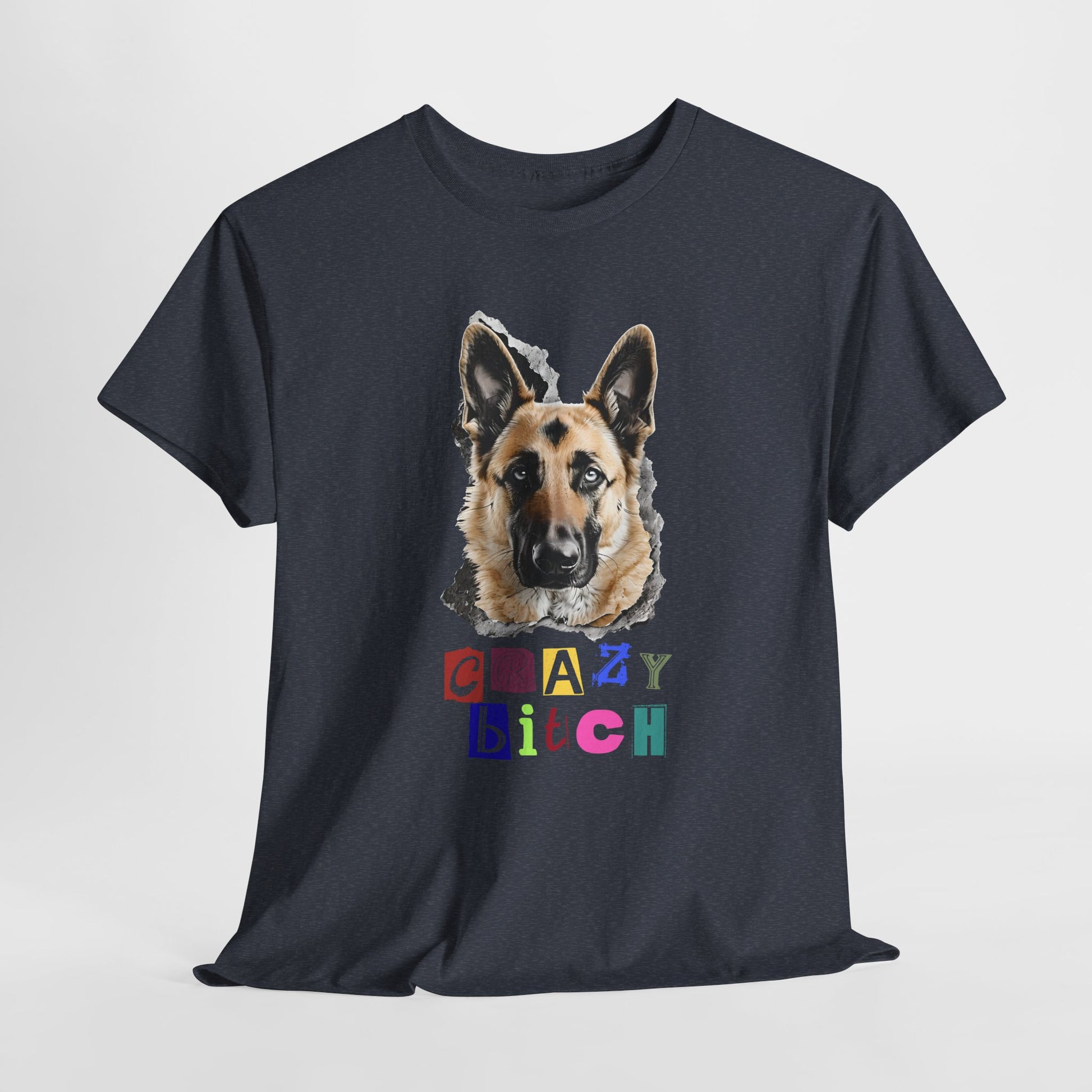 Black t-shirt with a graphic of a dog and colorful text on a white background