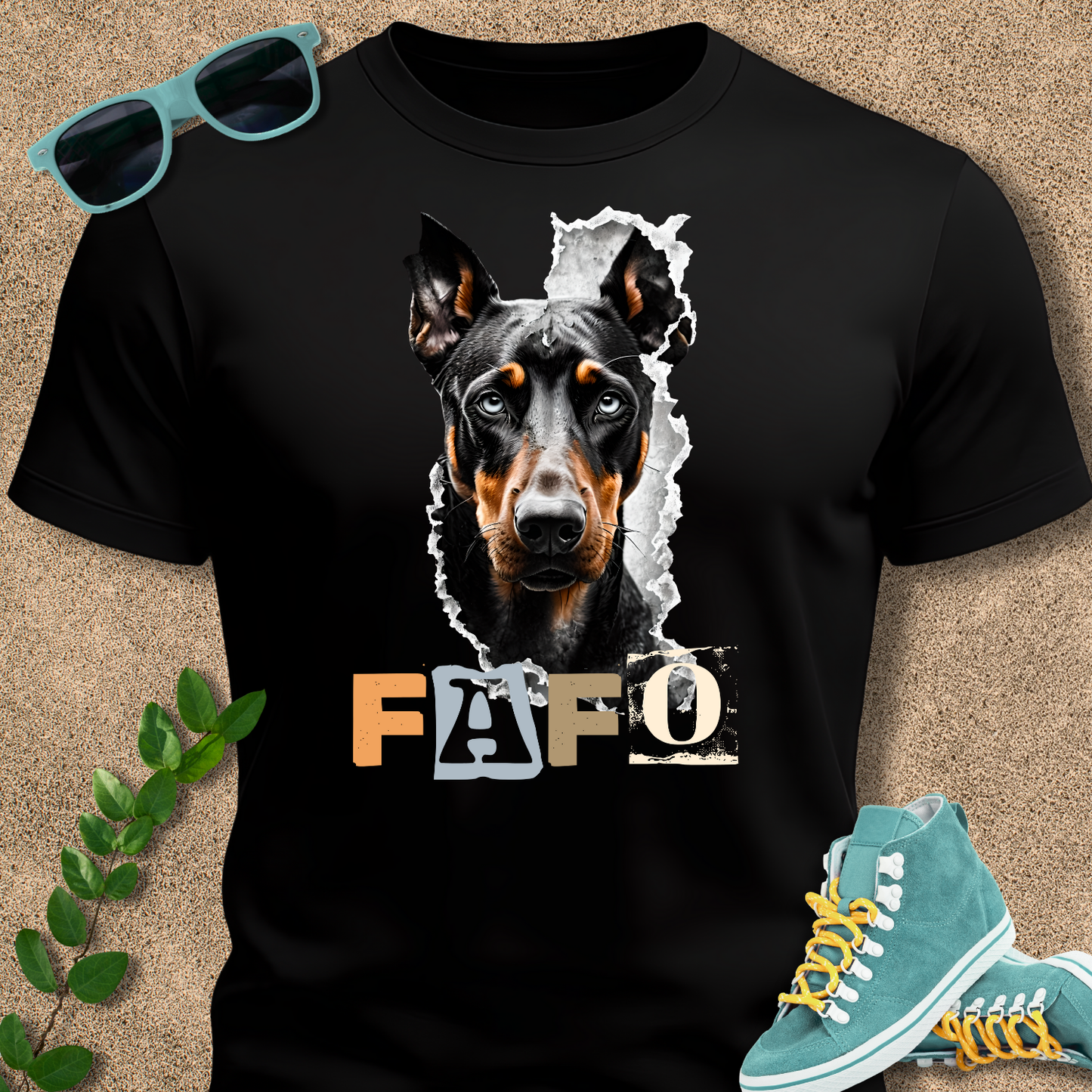 Black t-shirt with a dog graphic and 'FAFO' text, paired with sunglasses and sneakers on a beige background.