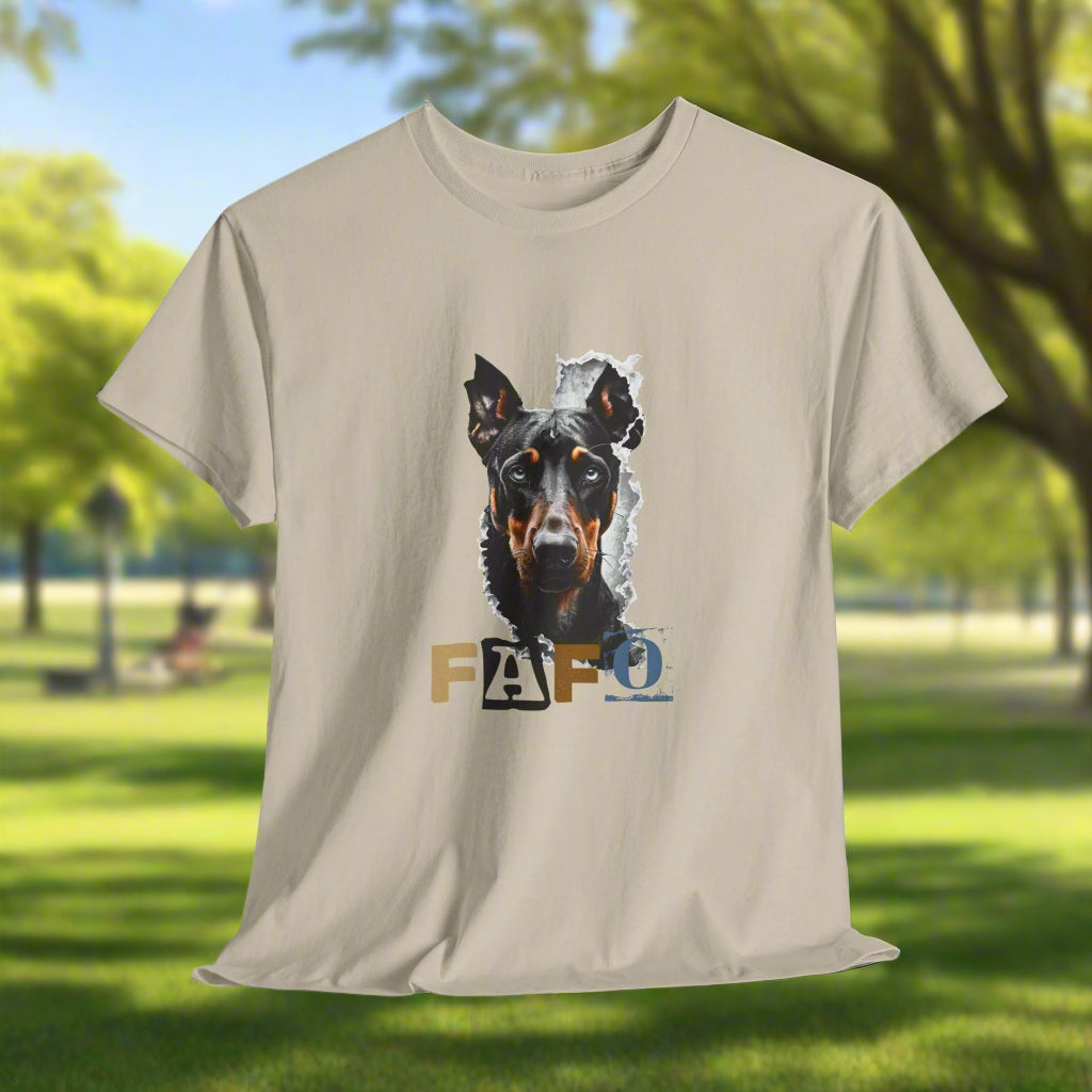 Sand t-shirt with a dog graphic and 'FAFO' text on a white background