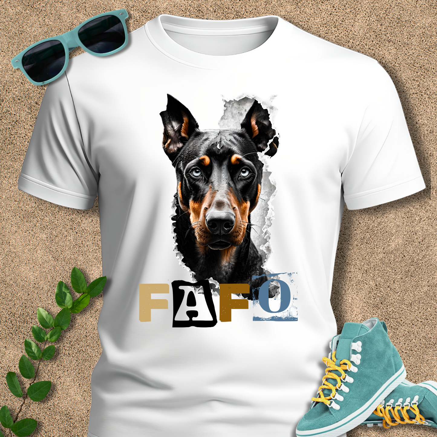 White t-shirt with a dog graphic and 'FAFO' text, sunglasses, and sneakers on a beige background