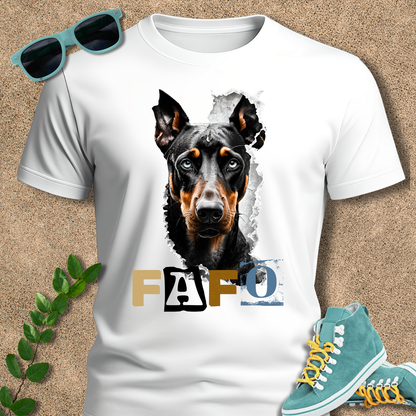 White t-shirt with a dog graphic and 'FAFO' text, sunglasses, and sneakers on a beige background