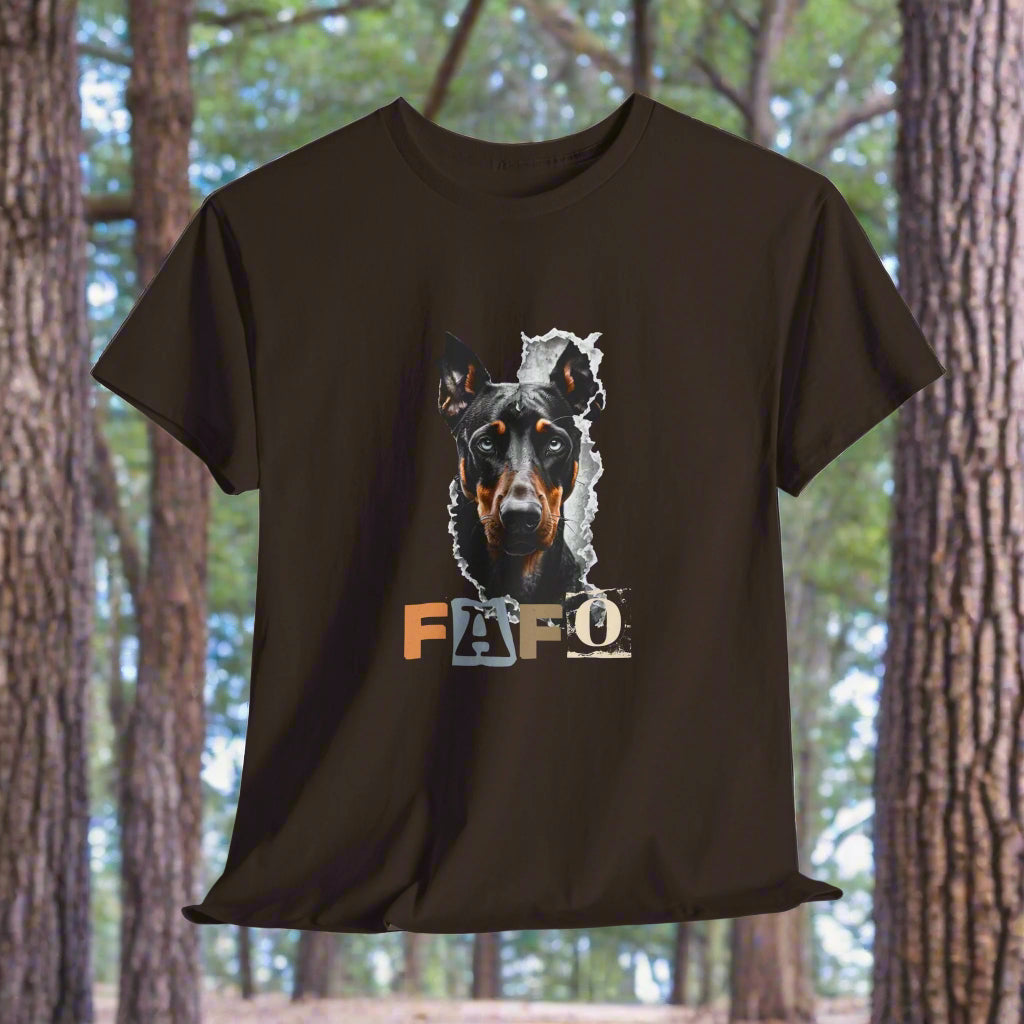 Dark Chocolate Doberman t-shirt with a dog graphic and 'FAFO' text on a light gray background