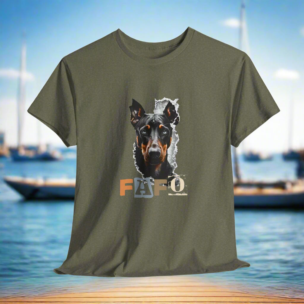 Heather Military Green doberman t-shirt with a dog graphic and 'FAFO' text on a white background