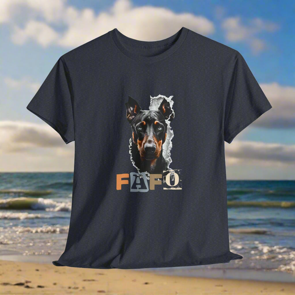 Heather navy doberman t-shirt with a dog graphic and 'FAFO' text on a light gray background