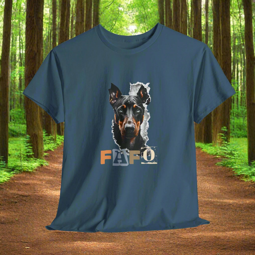Indigo Blue Doberman t-shirt with a dog graphic and 'FAFO' text on a white background