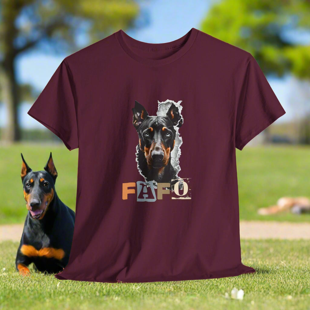 Maroon t-shirt with a dog graphic and 'FAFO' text on a white background