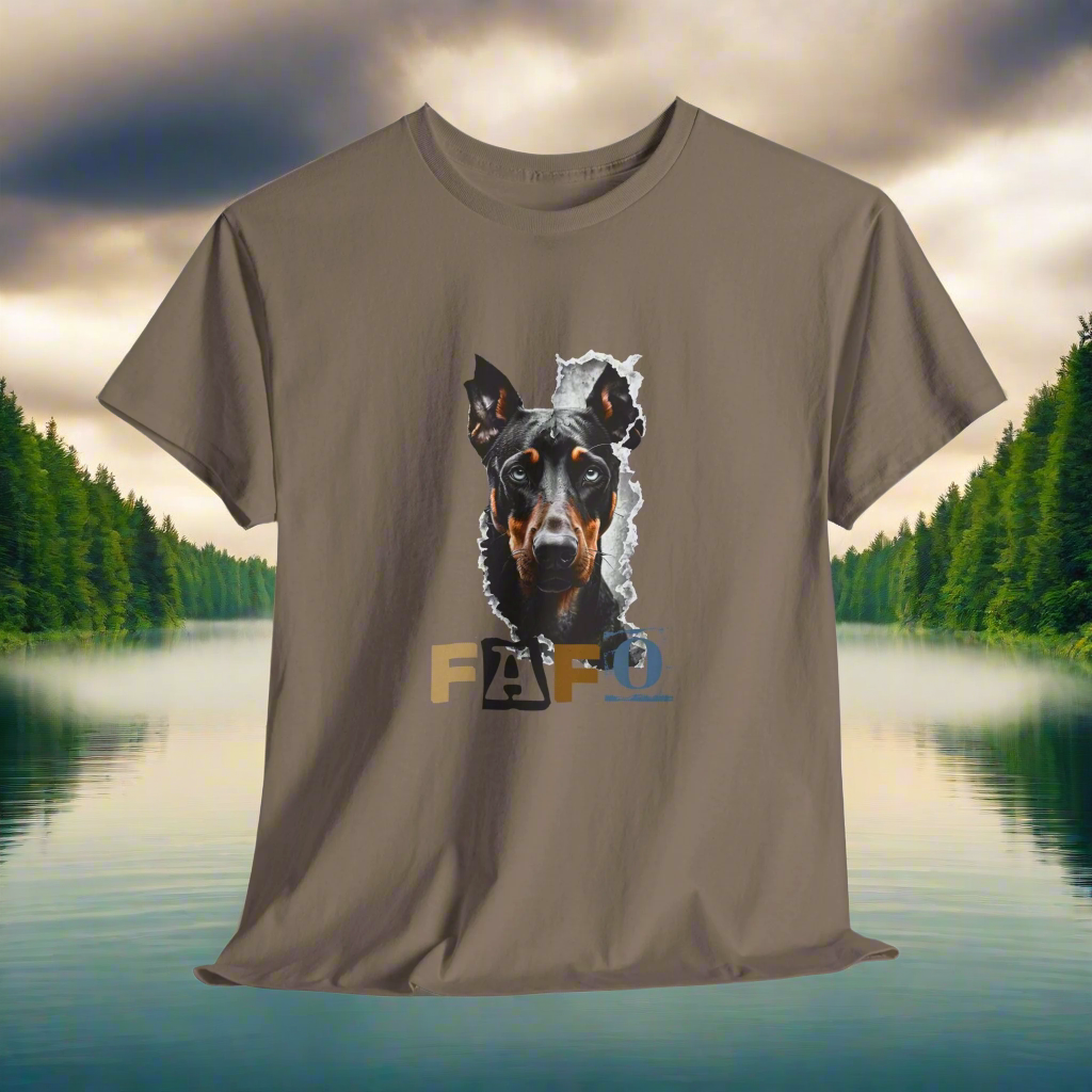 Brown savana doberman t-shirt with a dog graphic and 'FAFO' text on a white background