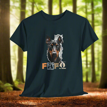 Midnight doberman t-shirt with a dog graphic and 'FAFO' text on a light gray background