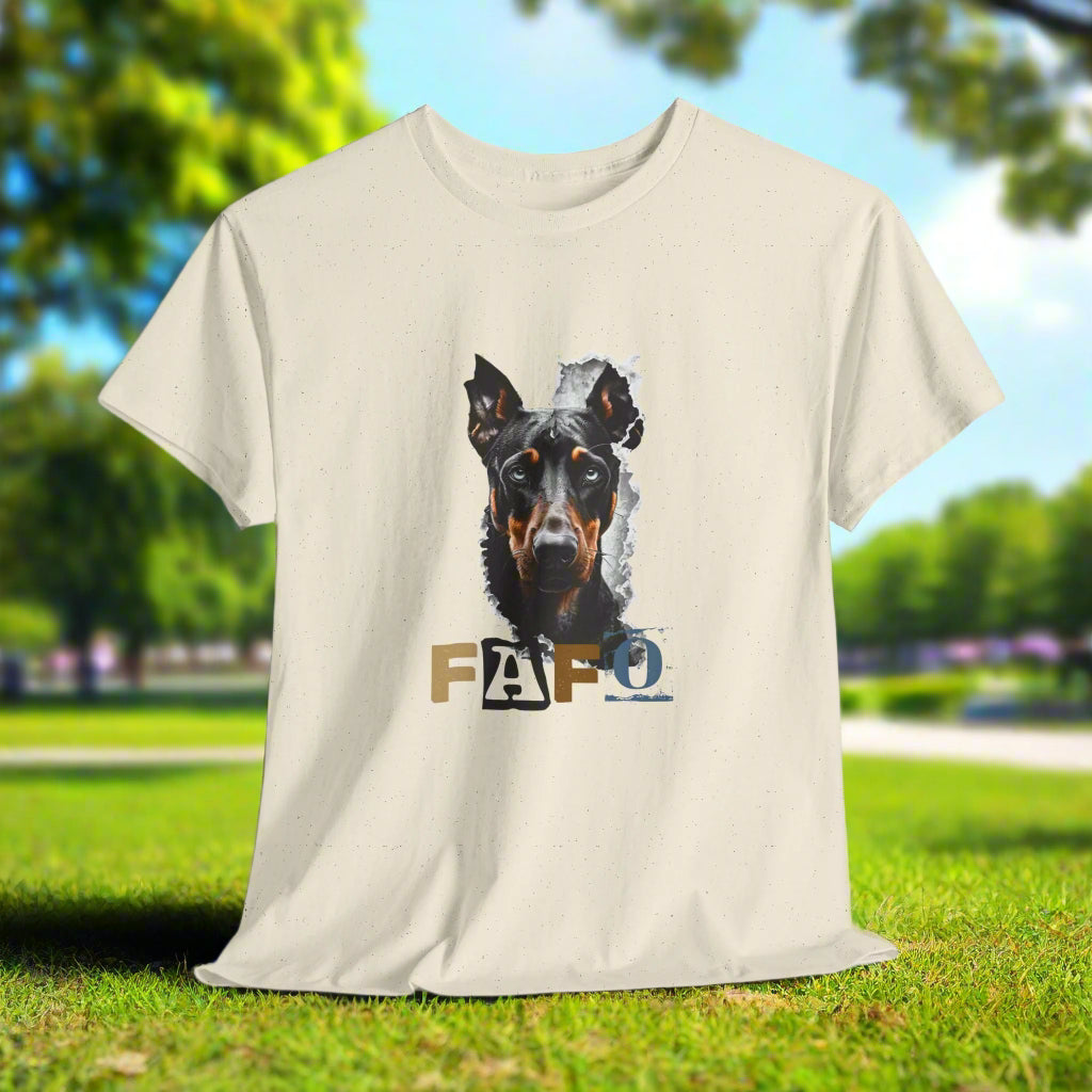 Natural t-shirt with a dog graphic and 'FAFO' text on a white background