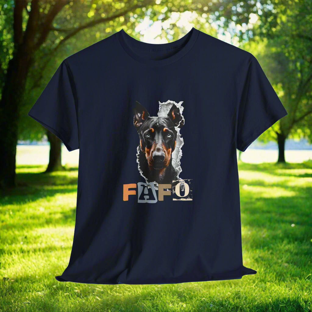 Navy blue doberman t-shirt with a dog graphic and 'FAFO' text on a light gray background
