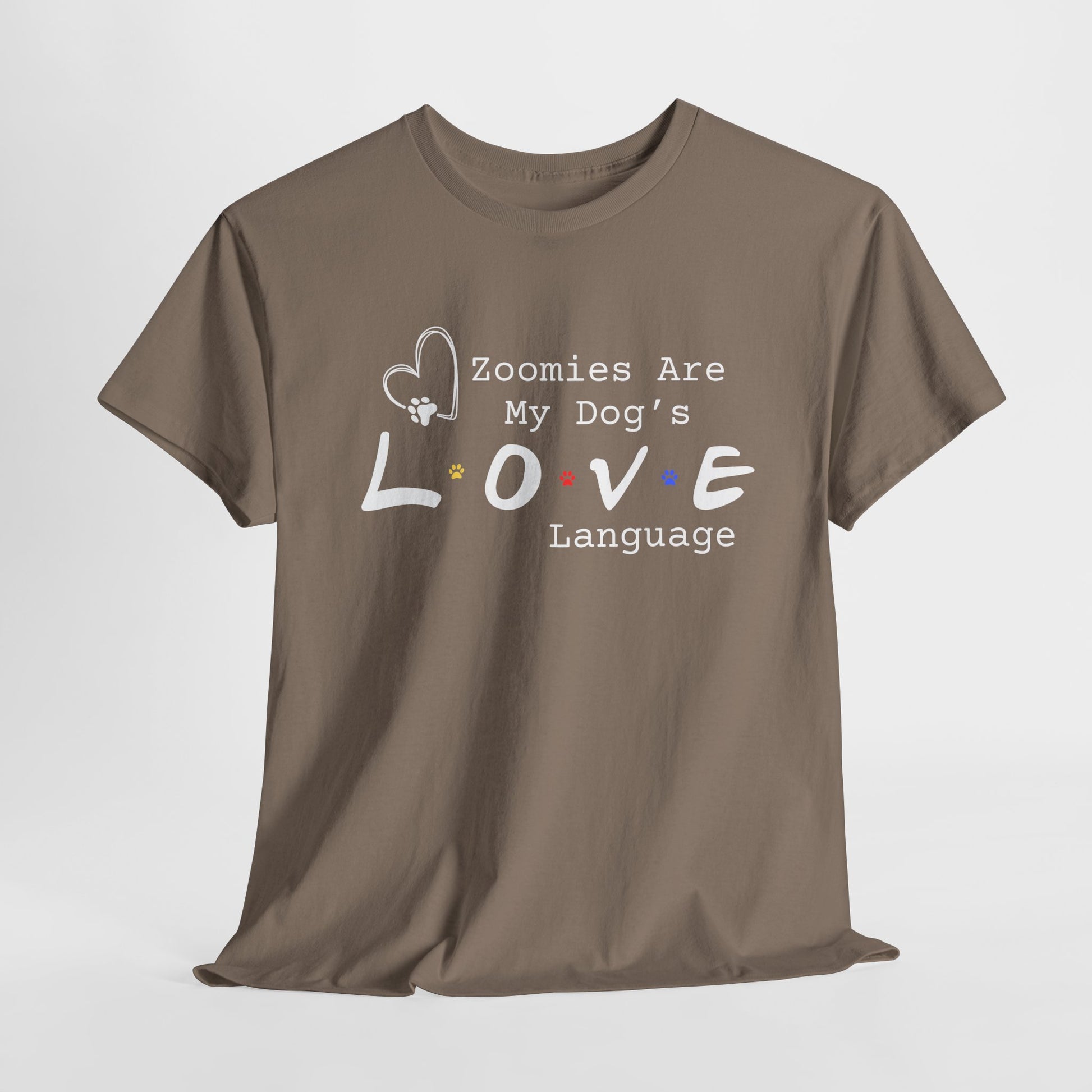 Brown Savana t-shirt with 'Zoomies Are My Dog's Love Language' text on a white background