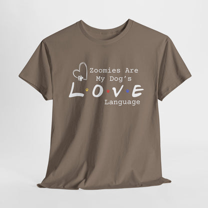 Brown Savana t-shirt with 'Zoomies Are My Dog's Love Language' text on a white background